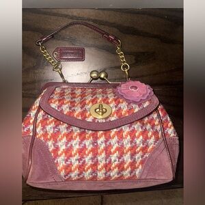 Coach Vintage Tweed Kisslock Top Handle Mini Bag Pink Purple Floral Chain Strap